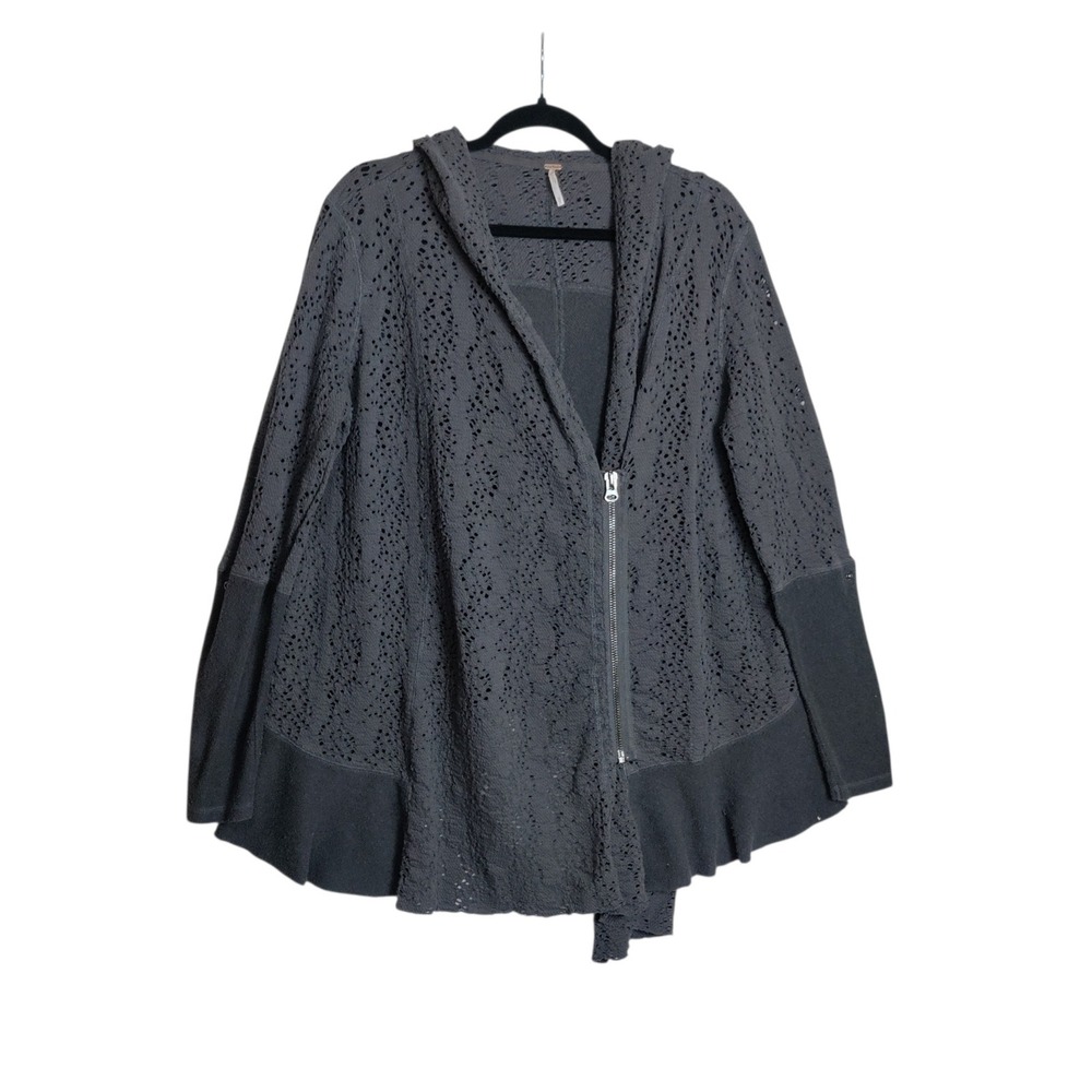 Free People Women Charcoal Gray Crochet Lace Asymmetrical Zip Hooded Cardigan M